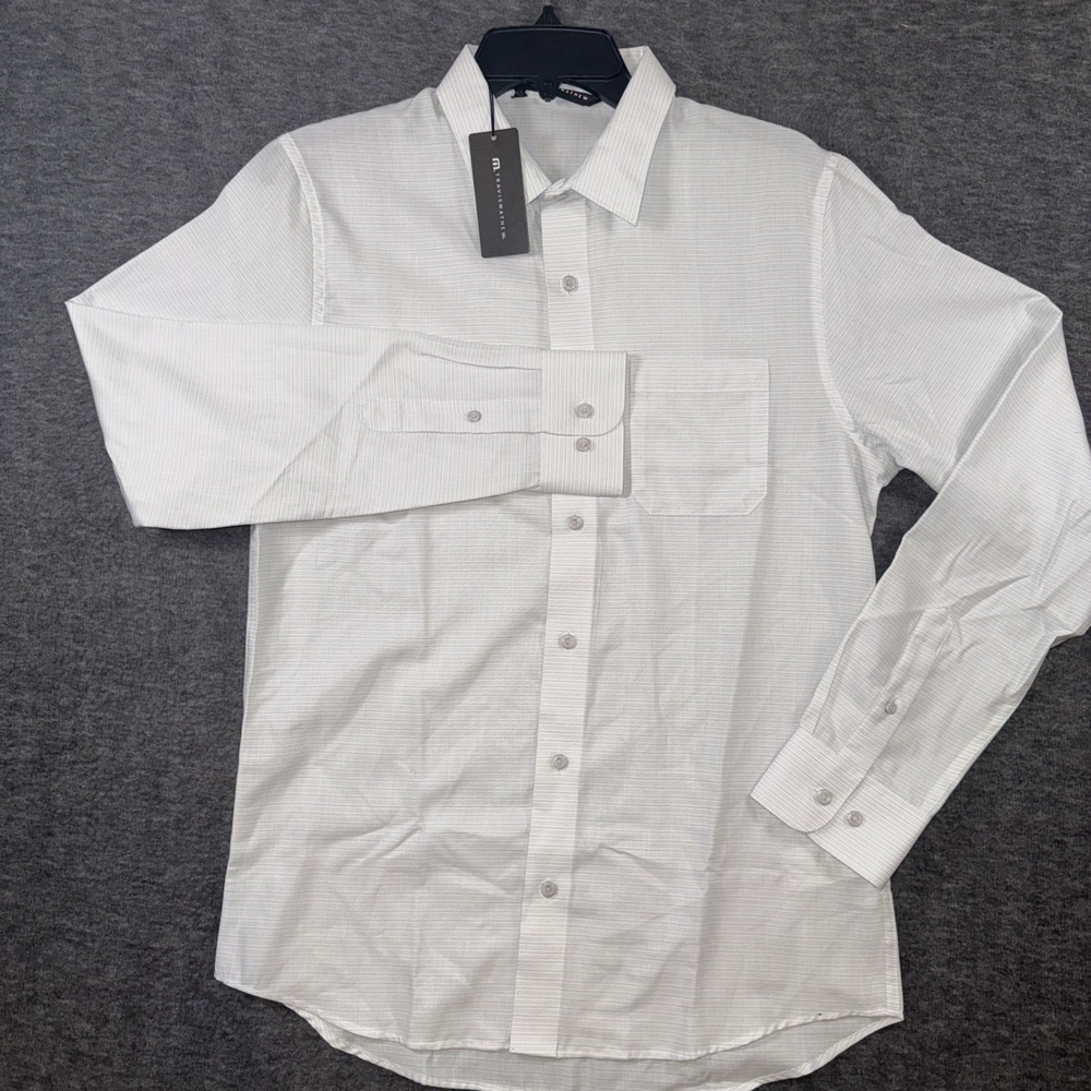 Travis Mathew Mens Little Leary Button Up Shirt White Micro Stripe Sz S NEW $140 - Picture 2 of 8